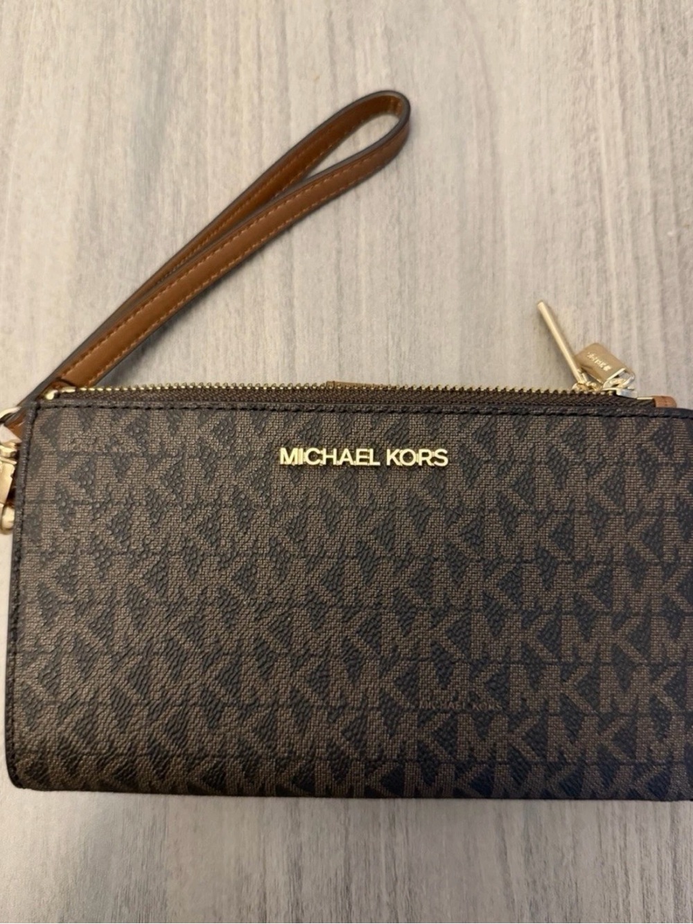 Michael Kors Brown Logo-Print Wristlet with Gold Hardware